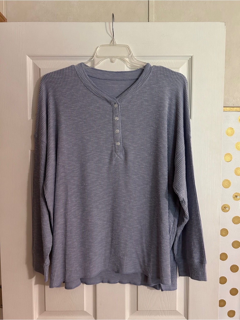 Women’s Ribbed Henley Top - Light Blue